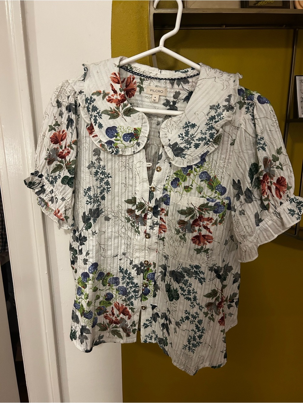 Pilcro White Blouse with Red & Blue Floral Print